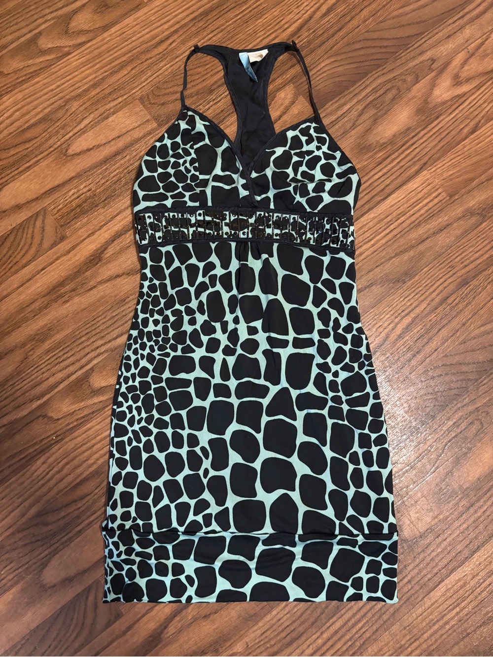Marciano Body Con Mini Dress * Black and Light Green Giraffe Print * Medium.